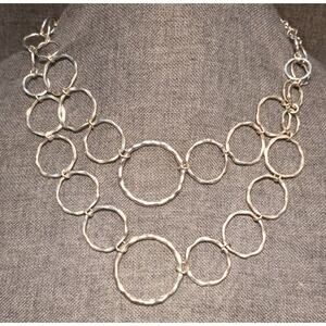 Silver Tone Two-Tier Necklace With Graduated Open Hammered Circles 15"
